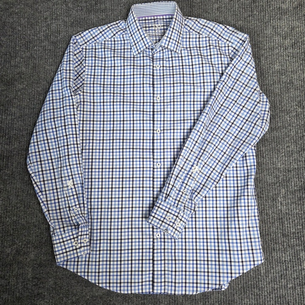 Bugatchi Uomo Mens Dress Shirt 16 1/2 34/35 Long Sleeve Plaid Blue Pattern‎